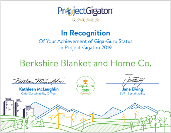 Berkshire Blanket社がウォルマート持続可能な発展のGiga-Guru証書を取得